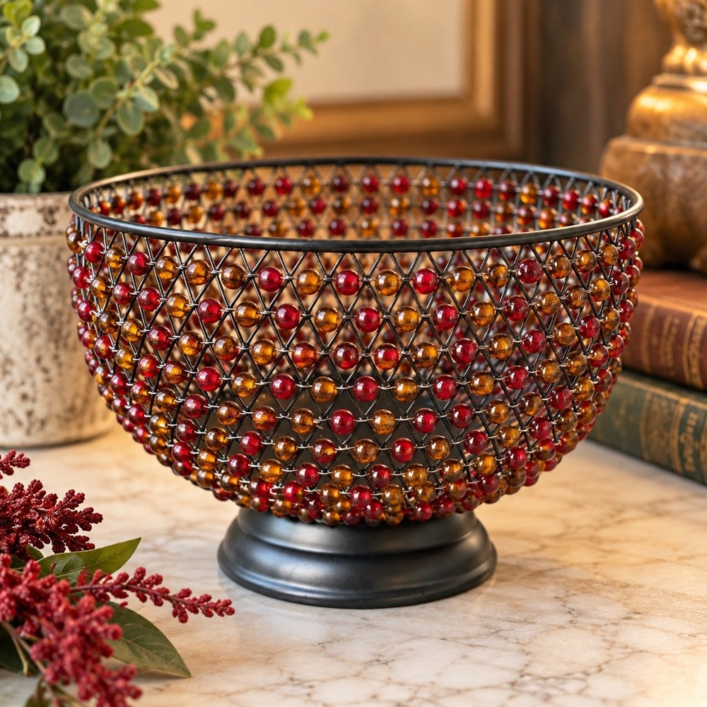 Vintage Bombay Co Beaded Pedestal Bowl Boho Moroccan Red Amber Decor